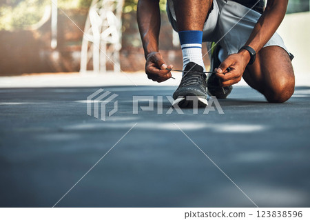Sport, fitness and shoes of runner before exercise and morning cardio in city, lace tie, feet and closeup. Health, wellness and sneakers of man before running outdoor for training, health and workout 123838596