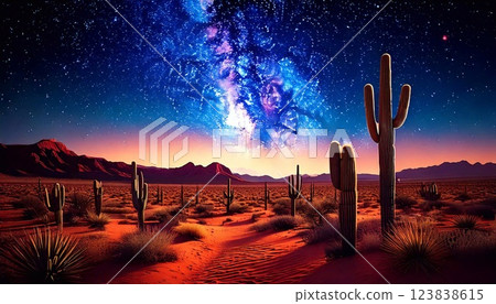 Starry sky illuminates desert landscape filled with towering cacti at night 123838615