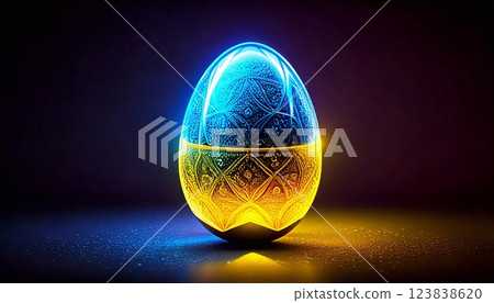Neon Easter egg decorated in the colors of the Ukrainian flag, glowing brightly at night 123838620