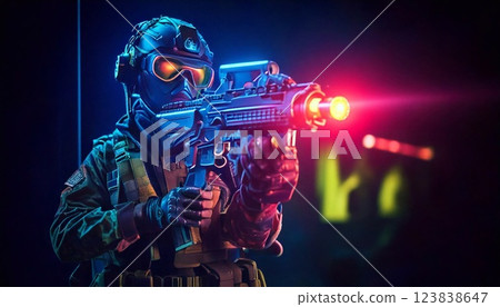Exciting laser tag battle in a neon-lit arena at night with intense gameplay 123838647