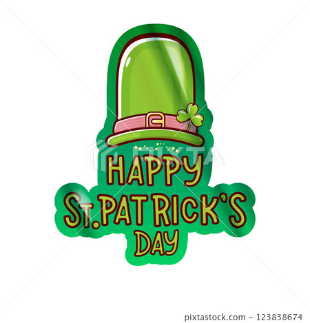 St. Patrick s Day Wishes Green Hat and Trefoil Vector Art. Saint Patrick label and sticker png art cartoon style 123838674