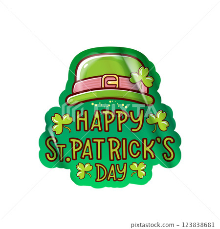 Happy St. Patrick s Day Festive Hat and Clover Celebration. Saint Patrick label and sticker png art cartoon style icon. Happy St. Patrick s Day Festive Hat and Clover Celebration. Saint Patrick label and sticker png art cartoon style icon. 123838681