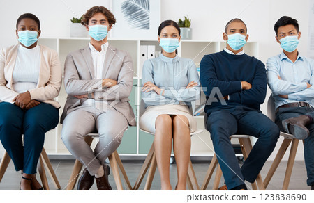 Recruitment during covid, hiring and diversity business people with mask for safety from corona virus pandemic. Portrait of group of people in waiting room for job interview with human resources hr 123838690