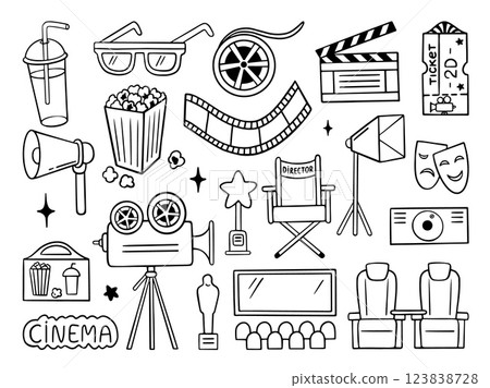 Doodle cinema elements. Movie film tape, popcorn basket, clapperboard. Shooting process sketch, theater entertainment symbols neoteric vector set Doodle cinema elements. Movie film tape, popcorn basket, clapperboard. Shooting process sketch, theater entertainment symbols neoteric vector set 123838728