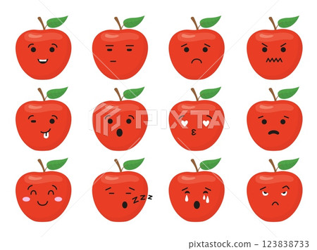 Apple cute emotional face. Fruit character with different emotions, red apples angry smile sad happy. Isolated message stickers, kids mascot, neoteric vector set Apple cute emotional face. Fruit character with different emotions, red apples angry smile sad happy. Isolated message stickers, kids mascot, neoteric vector set 123838733