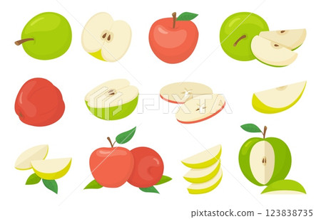 Isolated cartoon apples. Fruit apple green and red, cut half and slices. Raw fresh organic ingredients for pie or jam, vegan vitamin food. Neoteric vector clipart Isolated cartoon apples. Fruit apple green and red, cut half and slices. Raw fresh organic ingredients for pie or jam, vegan vitamin food. Neoteric vector clipart 123838735