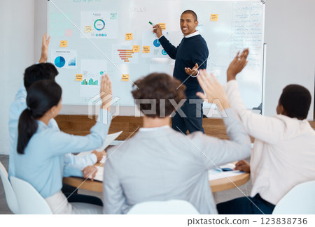 Question, presentation or business man training workshop for teamwork, coaching or collaboration for marketing, data analysis or strategy. Leader, planning or manager working in conference meeting 123838736