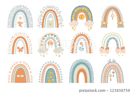 Baby doodle rainbows. Boho style rainbow, scandinavian nursery elements. Clouds, bows and stars, newborn mobile. Stickers nowaday vector design Baby doodle rainbows. Boho style rainbow, scandinavian nursery elements. Clouds, bows and stars, newborn mobile. Stickers nowaday vector design 123838739