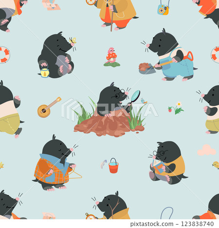 Cartoon moles seamless pattern. Funny rodents, mole play music and walk. Fabric, wrapping, wallpaper print design. Children mascots nowaday vector background 123838740
