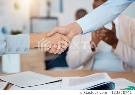 Collaboration, handshake, agreement and meeting for project, contract and approve business application. Close up, employees and teamwork for cooperation in construction office, partnership and deal 123838741