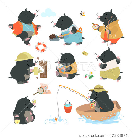Cartoon mole. Funny moles different poses and emotions. Garden wild animal working, walking reading book and fishing from wooden boat, nowaday vector characters 123838743