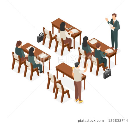 Students on lecture. Adult student and teacher, seminar, lesson. People sitting at desk with papers and book. Coach on business training, vector isometric concept 123838744