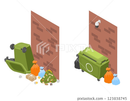 Public garbage with and without video surveillance. Overturned trash can, bags with waste, organic plastic paper. Dirty vs clean street, vector isometric concept 123838745