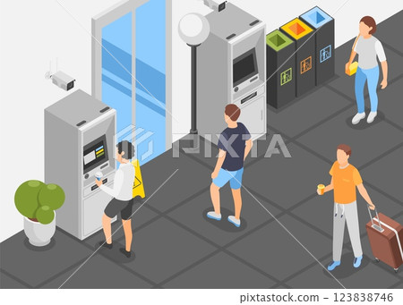 People on street isometric concept. Urban city walkside with atm, garbage cans, ctv cameras. Bank building, people with coffee and baggage, vector scene 123838746
