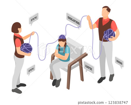 Parents or psychologist working with teenager girl. Adults unravel chaos in child head. Tips and tricks, professional support for teens, vector concept 123838747