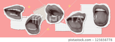 Set of halftone collage mouths and lips in retro colors with of torn out piece of paper different shapes. Paper cut elements, pop art style. Vector 123838778