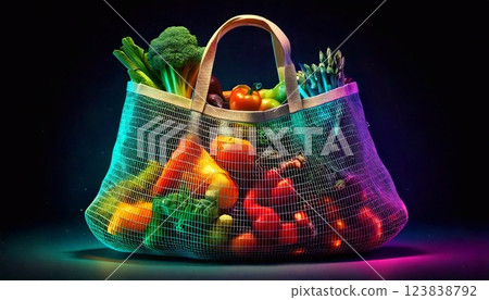 Vibrant eco bag filled with fresh vegetables illuminated by neon technology 123838792