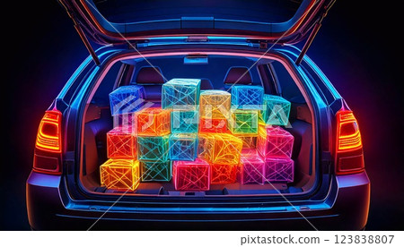 Colorful neon boxes fill the trunk of a car in a striking display of technology 123838807