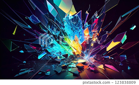 Broken glass forms a neon explosion creating vibrant colors in dark surroundings Broken glass forms a neon explosion creating vibrant colors in dark surroundings 123838809