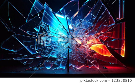 Bright shards of broken glass illuminated by neon light create a striking visual effect Bright shards of broken glass illuminated by neon light create a striking visual effect 123838810