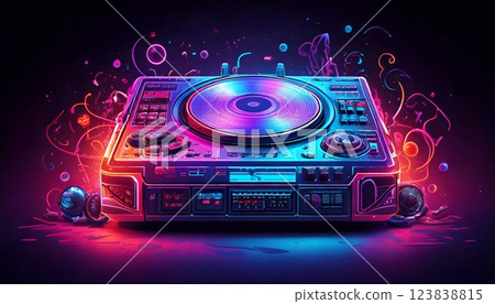 Neon cd player glowing with vibrant colors against a dark background 123838815