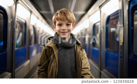 Smiling child on subway platform during a quiet afternoon commute 123838828