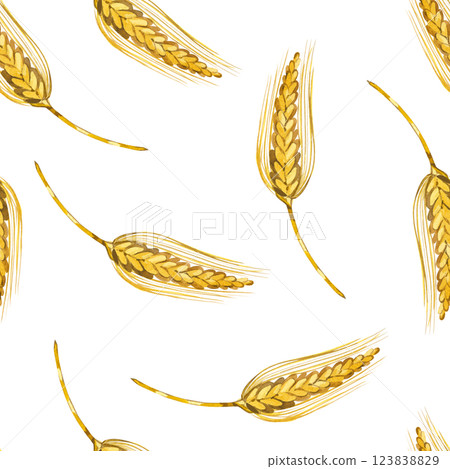 Seamless watercolor pattern. Ripe ears of wheat, yellow color, hand-drawn with watercolors. Watercolor illustration. Suitable for printing on fabric, paper, for stationery and food packaging. 123838829
