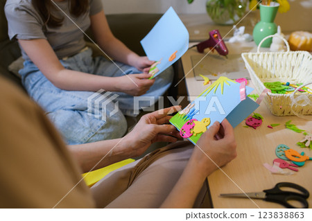 Handmade Easter greeting cards with felt decorations. Handmade Easter greeting cards with felt decorations. 123838863