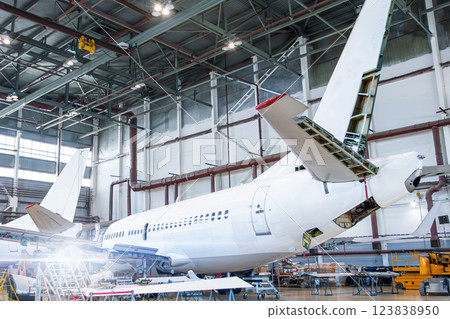 White passenger airplanes in the aircraft hangar. Planes under maintenance. Checking mechanical systems for flight operations White passenger airplanes in the aircraft hangar. Planes under maintenance. Checking mechanical systems for flight operations 123838950