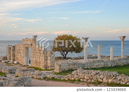 Ancient columns, ruins of Chersonese Tauride, Sevastopol, Crimea, Russia 123839060