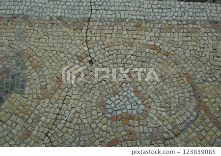 Floor mosaics from Byzantine times VI AD. They depicting walking birds, geometric ornaments and stylized fruits. Authors are unknown Floor mosaics from Byzantine times VI AD. They depicting walking birds, geometric ornaments and stylized fruits. Authors are unknown 123839085