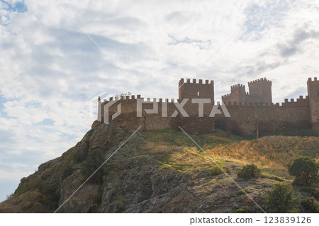 Sudak fortress. Crimea - October 09, 2024 - Old Genoese fortress in the city of Sudak in summer. Ancient architecture of Crimea. Sudak fortress. Crimea - October 09, 2024 - Old Genoese fortress in the city of Sudak in summer. Ancient architecture of Crimea. 123839126