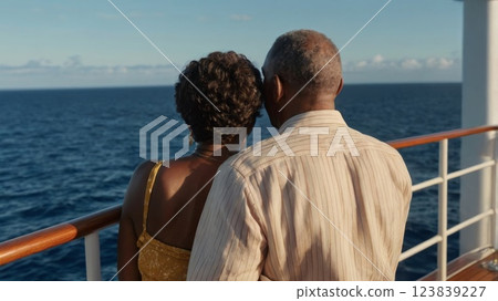 Rear view. Happy elderly black couple enjoying a holiday on a boat at sea. 123839227