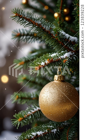 Christmas background. Golden New Year's ball on a Christmas tree branch in the winter forest 123839228