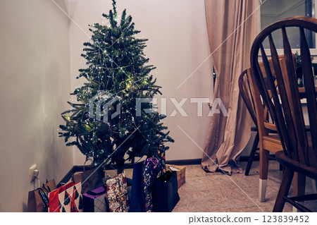 In the living room there is a Christmas tree with an LED garland on a wire. The gifts are under the tree. Festive decorations as a symbol of the approaching Christmas. High quality photo 123839452