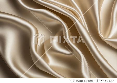 Luxury light brown beige color creased smooth satin silk cloth texture decorate background with minimalistic style and copy or negative space. 123839482