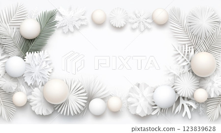 Elegant winter decorations with white foliage and ornaments 123839628