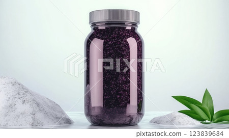 Vibrant purple jelly in a glass jar beside white powders and leaves 123839684