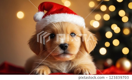 Cute red puppy in a red Santa hat against the background of a Christmas tree with golden bokeh 123839703