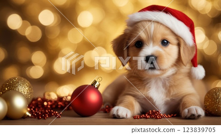 Cute red puppy in a red Santa hat against the background of a Christmas tree with golden bokeh 123839705