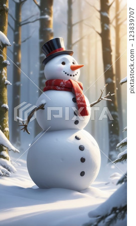 Merry christmas and happy new year greeting card with copy-space.Happy snowman standing in winter christmas landscape.Snow background 123839707