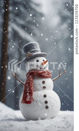 Merry christmas and happy new year greeting card with copy-space.Happy snowman standing in winter christmas landscape.Snow background 123839708