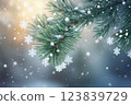 Closeup of Christmas tree with light, snow flake. Christmas and New Year holiday background. vintage color tone. 123839729