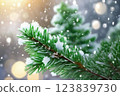 Closeup of Christmas tree with light, snow flake. Christmas and New Year holiday background. vintage color tone. 123839730