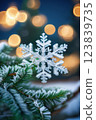 Closeup of Christmas tree with light, snow flake. Christmas and New Year holiday background. vintage color tone. 123839735