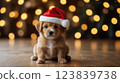 Cute red puppy in a red Santa hat against the background of a Christmas tree with golden bokeh 123839738
