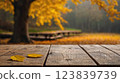 Beautiful colorful natural autumn background for presentation. Fallen dry orange leaves on wooden boards against the backdrop of a blurry autumn park. 123839739