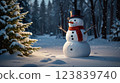 Happy cartoon snowman standing in a winter Christmas landscape. Merry Christmas and Happy New Year card with copy space. Snow background 123839740