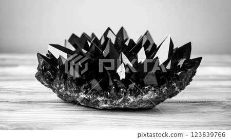 Stunning black crystal formation displayed on wooden surface 123839766