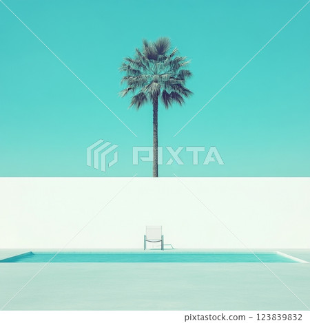 Minimalist poolside setting with palm tree and clear sky Minimalist poolside setting with palm tree and clear sky 123839832